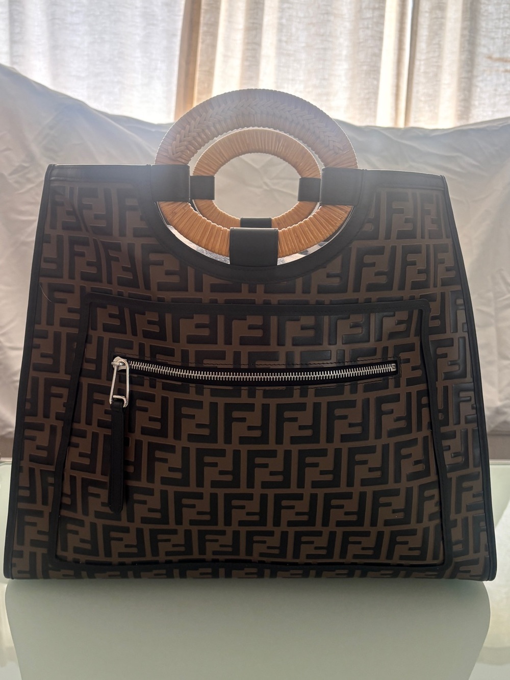 Fendi Runaway Shopping Black and Brown Zucca Leather Tote/Matching Strap